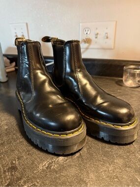 Dr. Martens Black Leather Platform Chelsea Boots with Yellow Stitching